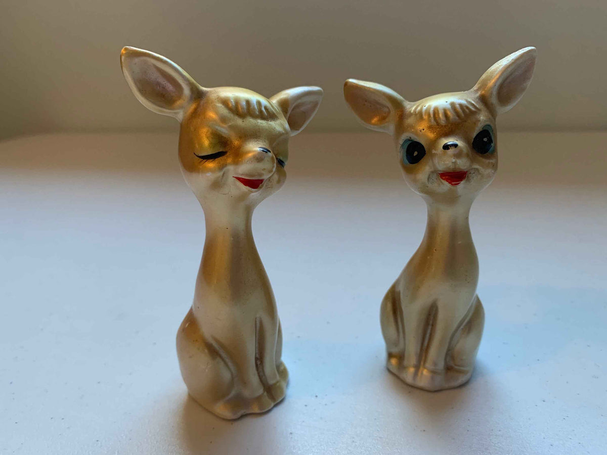 Vintage Golden Eyelash Deer Salt & Pepper Shakers, Rare Japanese Iridescent Deer Salt and Pepper, Deer Salt and Pepper, Vintage Ceramic Deer