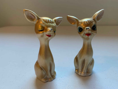 Vintage Golden Eyelash Deer Salt & Pepper Shakers, Rare Japanese Iridescent Deer Salt and Pepper, Deer Salt and Pepper, Vintage Ceramic Deer