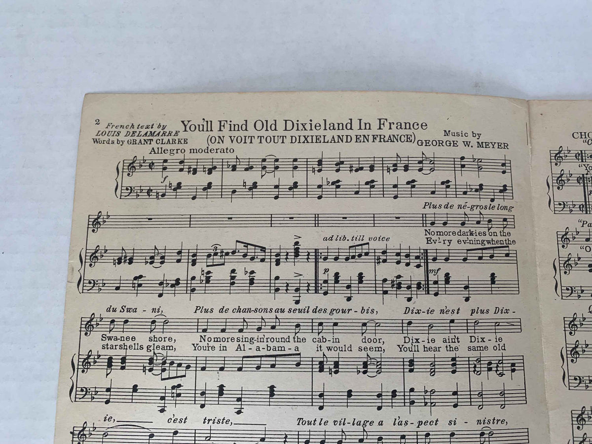Vintage You'll Find Old Dixieland in France 1918 by Bert Williams in Ziegfeld Midnight Frolic Sheet Music, 1918 Patriotic War Sheet Music