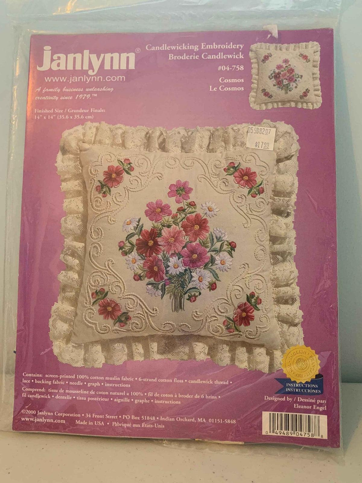 Janlynn Candlewicking Embroidery Cosmos Kit, #04-758, Cosmos Embroidery Pillow Kit, Janlynn Pillow Kit, Janlynn Cross Stitch, Janlynn Pillow