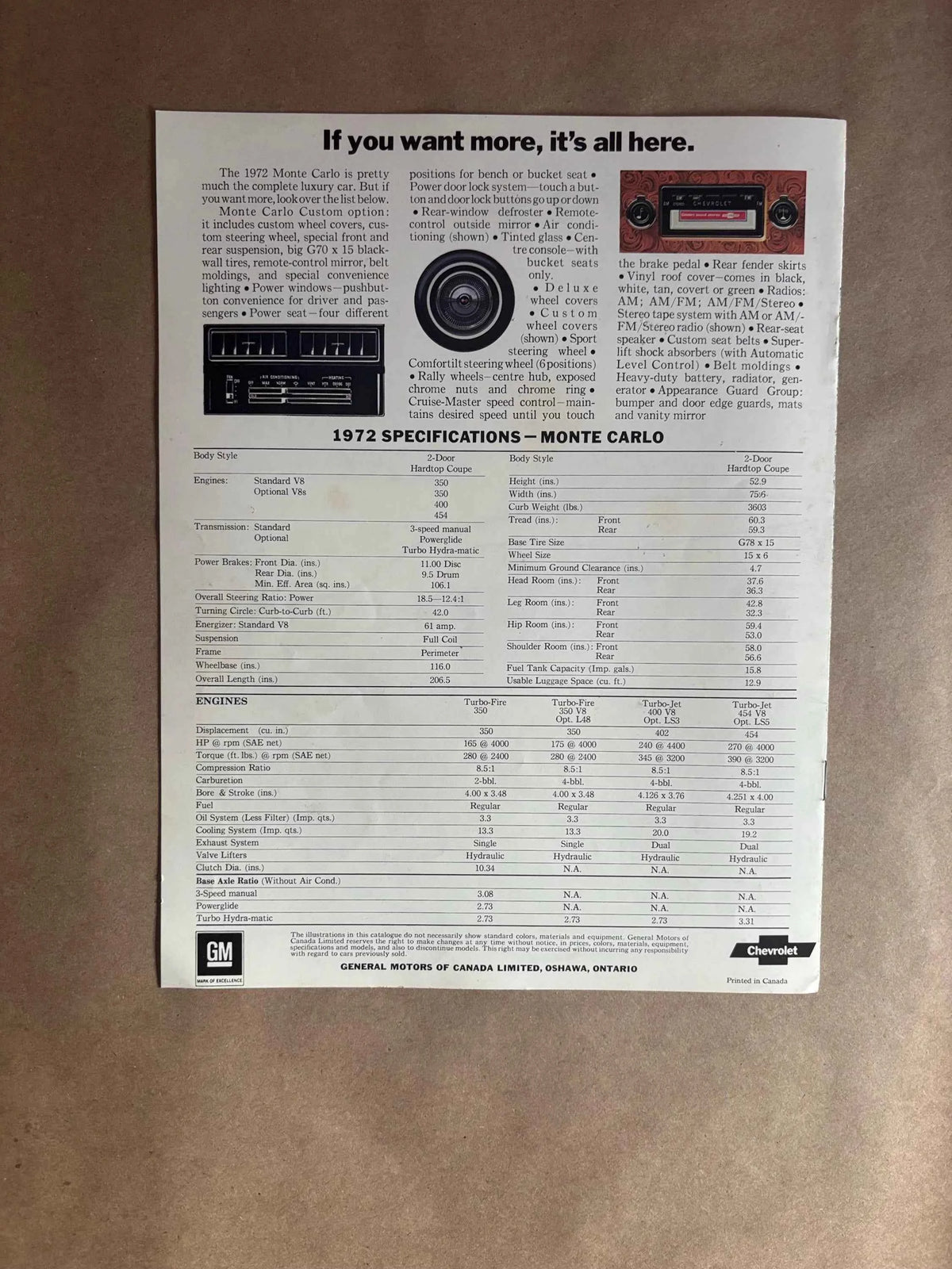1972 Monte Carlo Chevrolet Brochure, 1972 Monte Carlo Chevrolet Dealer Brochure, Monte Carlo Hardtop Coupe Brochure, 72 Monte Carlo 2 Door