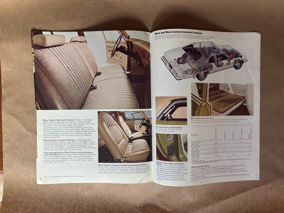 1973 Nova Brochure, Chevrolet Nova 1973 Dealership Brochure, 1973 Chevrolet Nova Custom Coupe Brochure, 1973 Nova Hatchback Coupe Brochure