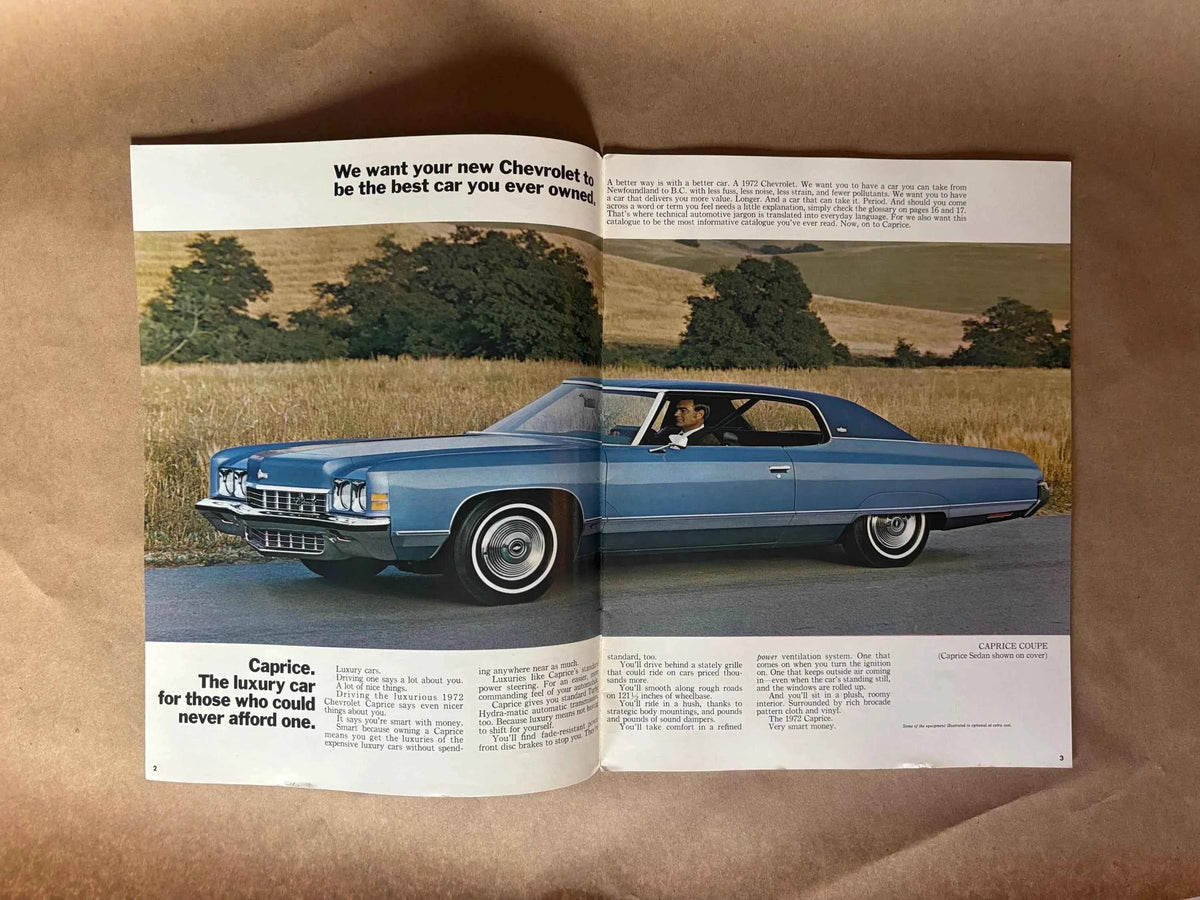 Vintage 1972 Chevrolet Caprice/Impala/Bel Air/Biscayne Car Brochure, Chevrolet GM Canada 1972 Caprice Classic Brochure, 1972 Chevy Impala