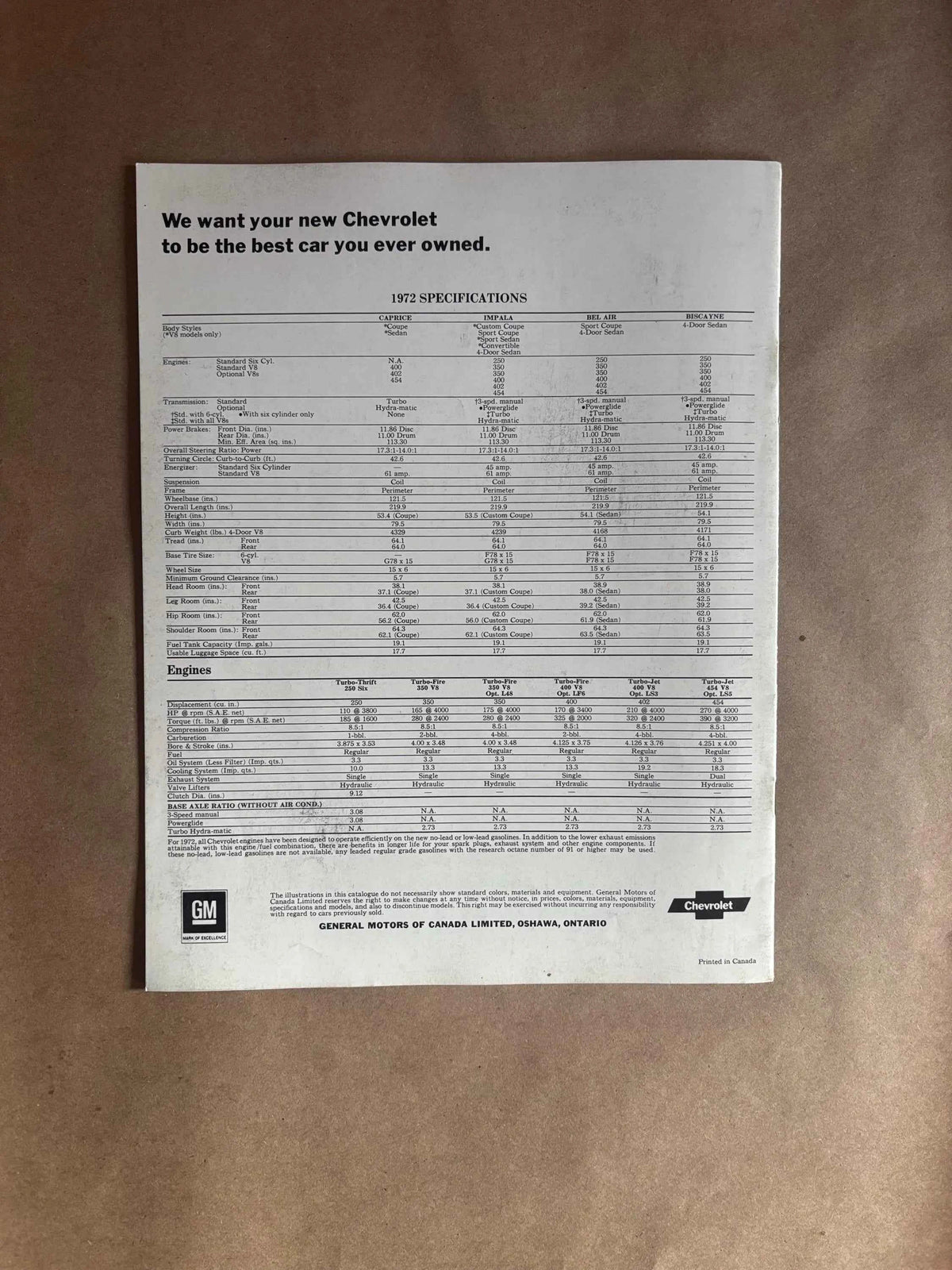 Vintage 1972 Chevrolet Caprice/Impala/Bel Air/Biscayne Car Brochure, Chevrolet GM Canada 1972 Caprice Classic Brochure, 1972 Chevy Impala