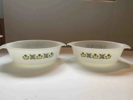 Vintage Fire King Meadow Green Flower Pattern Set of 2 Casserole Dishes, 1.5 Quart Anchor Hocking Casserole Dish, Vintage Milk Glass Bakers