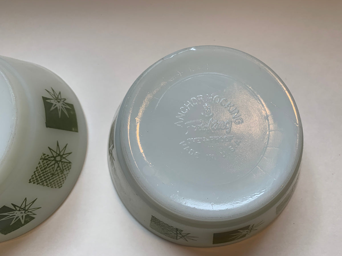 Vintage Fire King Anchor Hocking Cereal Bowls, Meadow Green Stars and Rectangles Pattern, Snowflake and Rectangle Pattern, Christmas Bowls