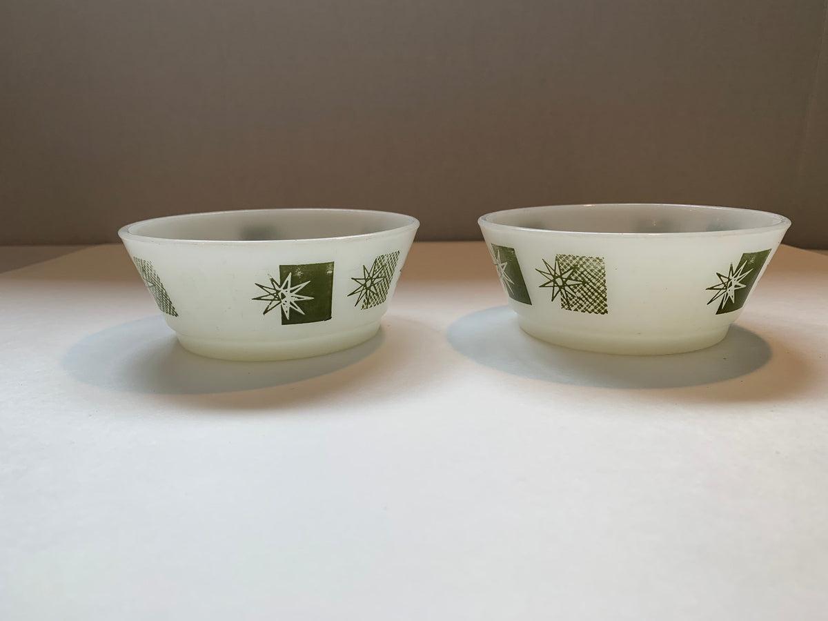 Vintage Fire King Anchor Hocking Cereal Bowls, Meadow Green Stars and Rectangles Pattern, Snowflake and Rectangle Pattern, Christmas Bowls