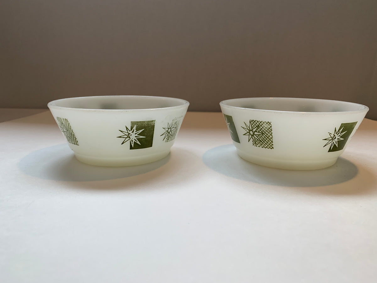 Vintage Fire King Anchor Hocking Cereal Bowls, Meadow Green Stars and Rectangles Pattern, Snowflake and Rectangle Pattern, Christmas Bowls