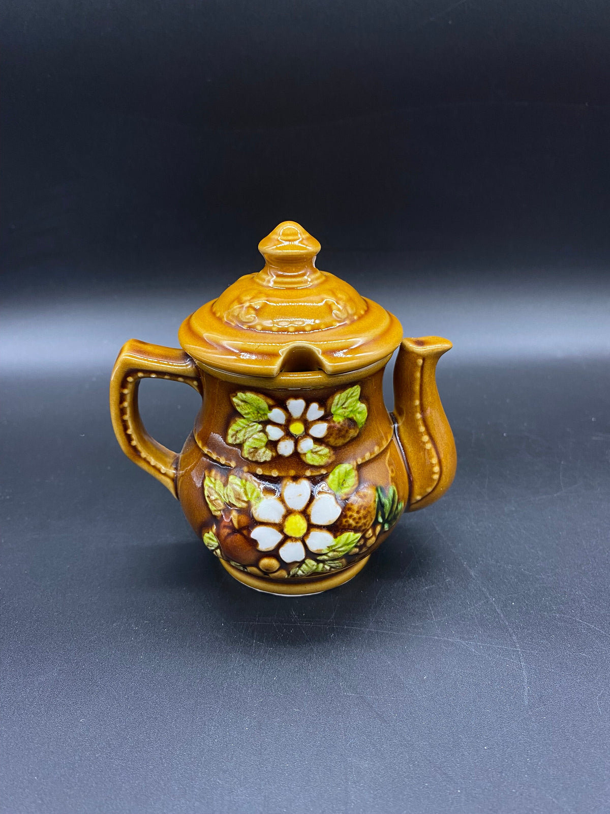 Vintage Teapot Sugar Bowl, Japan 4 1/2” Teapot Sugar Bowl with White flowers, Ceramic Teapot Sugar Bowl Brown with White Flowers, Sugar Bowl