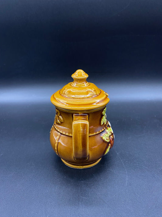 Vintage Teapot Sugar Bowl, Japan 4 1/2” Teapot Sugar Bowl with White flowers, Ceramic Teapot Sugar Bowl Brown with White Flowers, Sugar Bowl