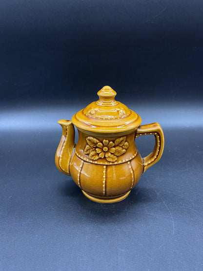 Vintage Teapot Sugar Bowl, Japan 4 1/2” Teapot Sugar Bowl with White flowers, Ceramic Teapot Sugar Bowl Brown with White Flowers, Sugar Bowl