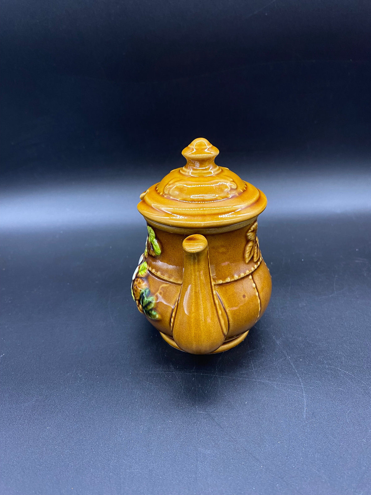 Vintage Teapot Sugar Bowl, Japan 4 1/2” Teapot Sugar Bowl with White flowers, Ceramic Teapot Sugar Bowl Brown with White Flowers, Sugar Bowl
