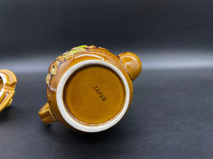 Vintage Teapot Sugar Bowl, Japan 4 1/2” Teapot Sugar Bowl with White flowers, Ceramic Teapot Sugar Bowl Brown with White Flowers, Sugar Bowl