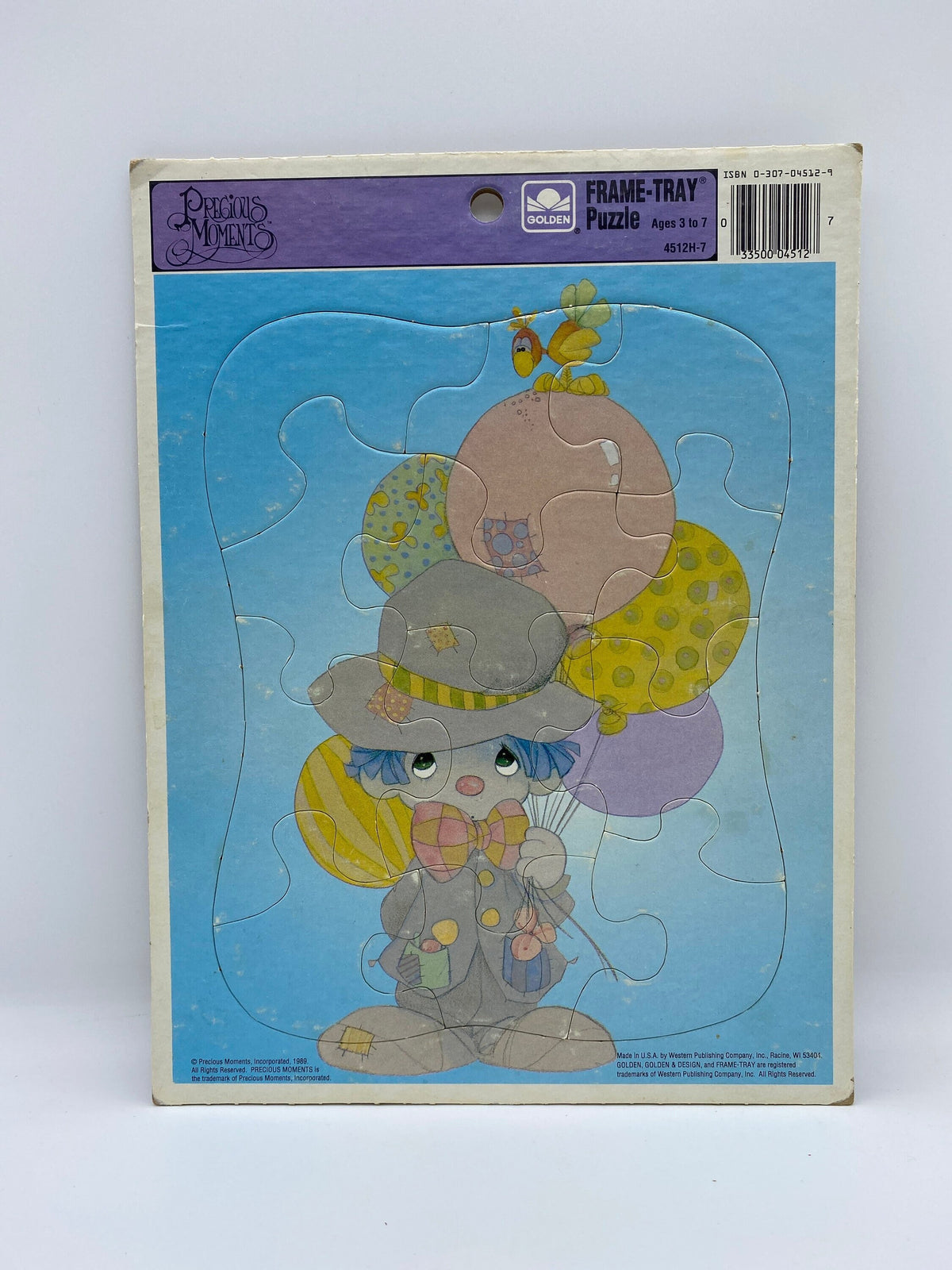 Vintage Precious Moments Frame Tray Puzzle, Golden Frame Tray Puzzle Precious Moments, 1989 Precious Moments Clown with Balloons Puzzle