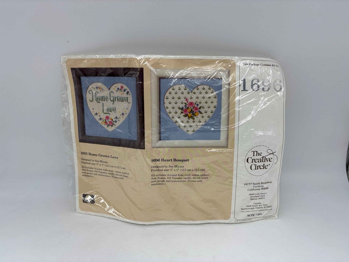 The Creative Circle Kit, 1696 Heart Bouquet Needlecraft Kit 1988, 5” x 5” Heart Bouquet Embroidery Kit, Wildflowers, Heart Cross Stitch Kit