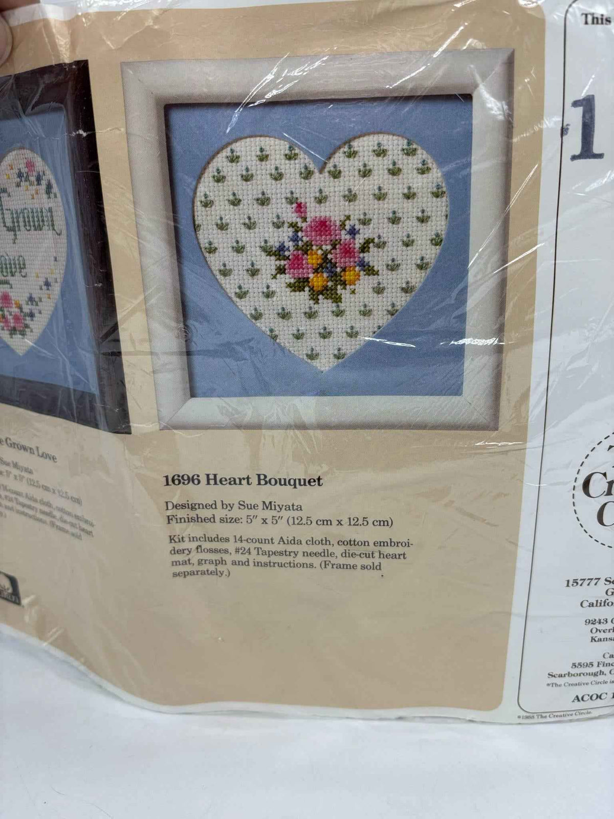 The Creative Circle Kit, 1696 Heart Bouquet Needlecraft Kit 1988, 5” x 5” Heart Bouquet Embroidery Kit, Wildflowers, Heart Cross Stitch Kit