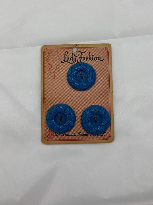 Vintage Lady Fashion Armour Brand 3 Teal Blue Flower Buttons 2.8cm, Rare NOS Teal Blue Flower Plastic Buttons Lady Fashion by Armour Brand