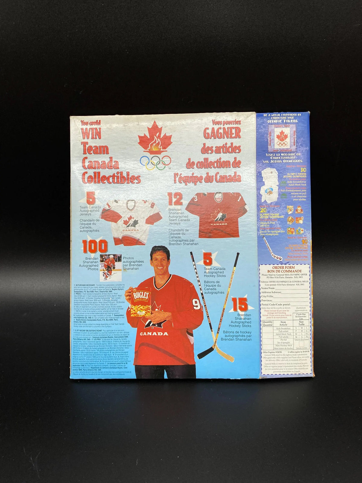 Bugles Betty Crocker Brendan Shanahan Team Canada Hockey Flat Box, 1998 Bugles Win Team Canada Hockey Items Box, Brendan Shanahan Bugles Box