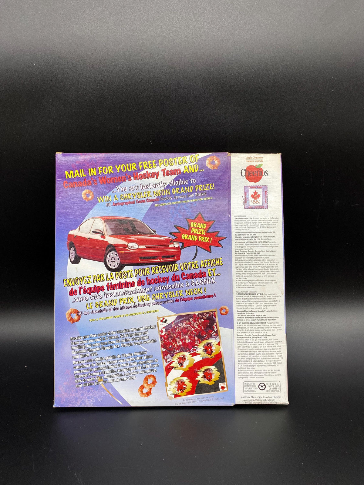 Apple Cinnamon Cheerios Geraldine Heaney 1998 Olympics Cereal Box, 1998 General Mills Apple Cinnamon Cheerios Canada’s Women’s Hockey Team