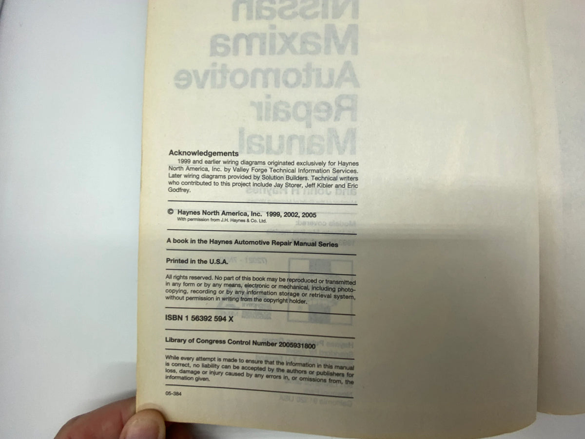 Haynes Repair Manual Nissan Maxima 1994 thru 2004, Based on a Complete tear down and rebuild, Haynes Nissan Manual, Haynes Maxima Manual