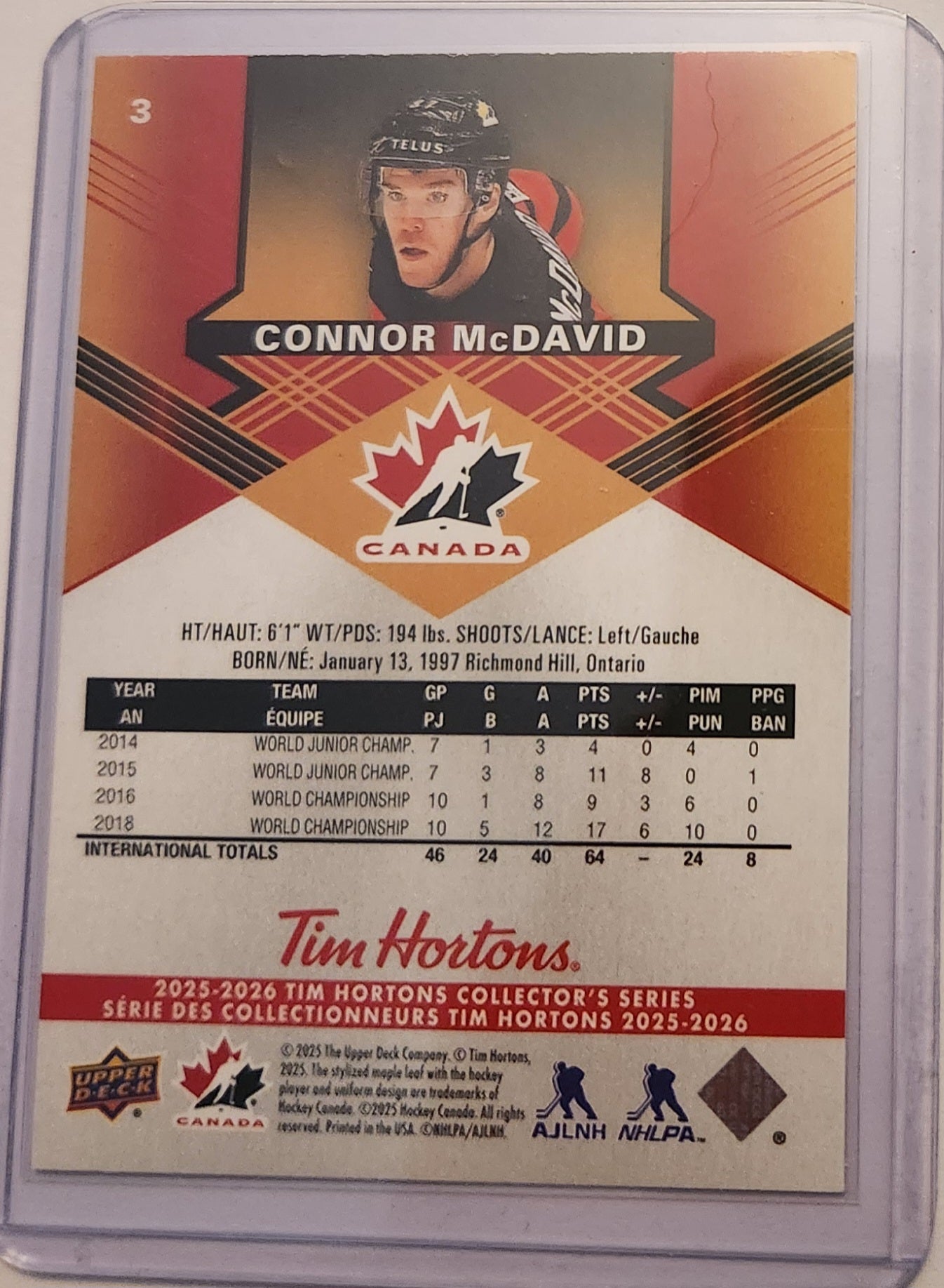 2025 Upper Deck Tim Hortons Team Canada Connor McDavid #3 Card, Connor McDavid Hockey Card, Team Canada Hockey Card
