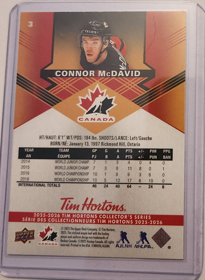 2025 Upper Deck Tim Hortons Team Canada Connor McDavid #3 Card, Connor McDavid Hockey Card, Team Canada Hockey Card