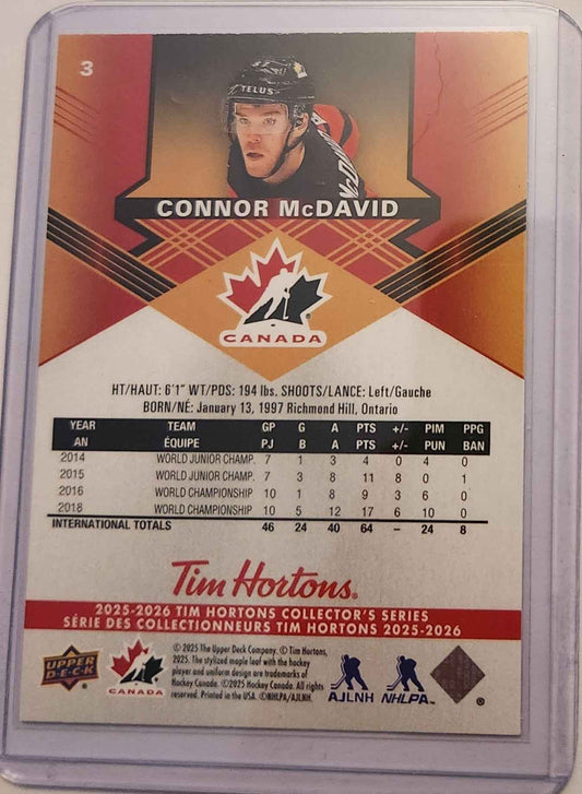 2025 Upper Deck Tim Hortons Team Canada Connor McDavid #3 Card, Connor McDavid Hockey Card, Team Canada Hockey Card