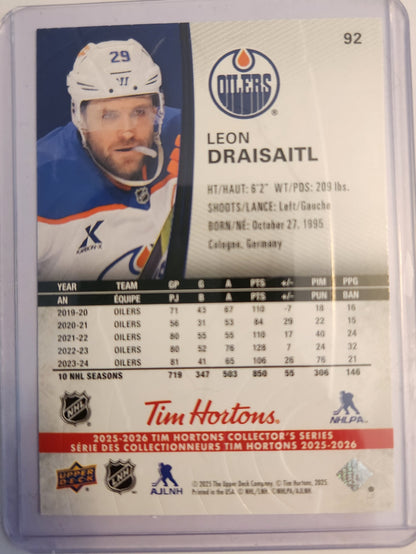 2025 Upper Deck Tim Hortons Leon Draisaitl #92 Card, Leon Draisaitl Edmonton Oilers Hockey Card, Tim Hortons Hockey Card