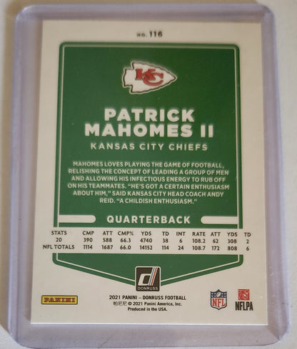 2021 Donruss #116 Patrick Mahomes II card, 2021 Panini Patrick Mahomes card, 2021 Patrick Mahomes covid card, 2021 Kansas City Chiefs Patrick Mahomes card