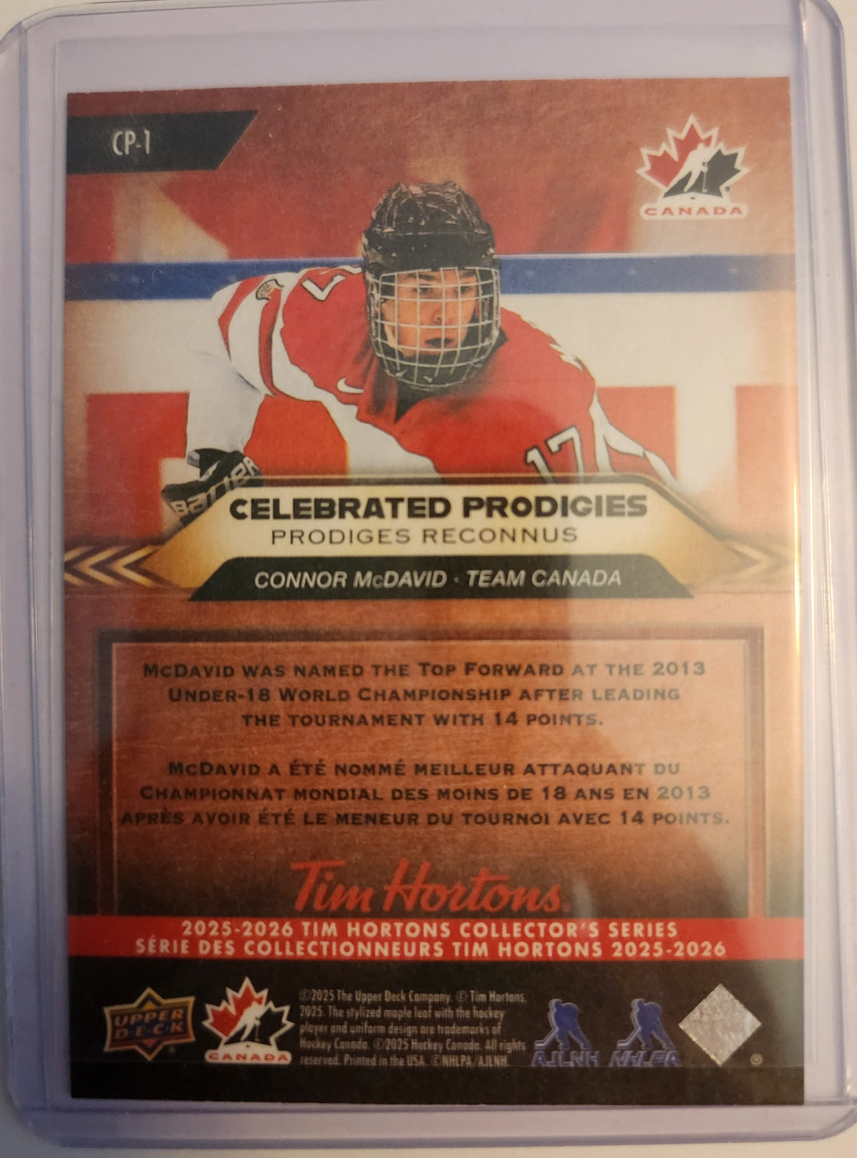 2025 Upper Deck Tim Hortons Team Canada Connor McDavid #CP-1 Celebrated Prodigies Card, Connor McDavid Hockey Card, Team Canada Hockey Card